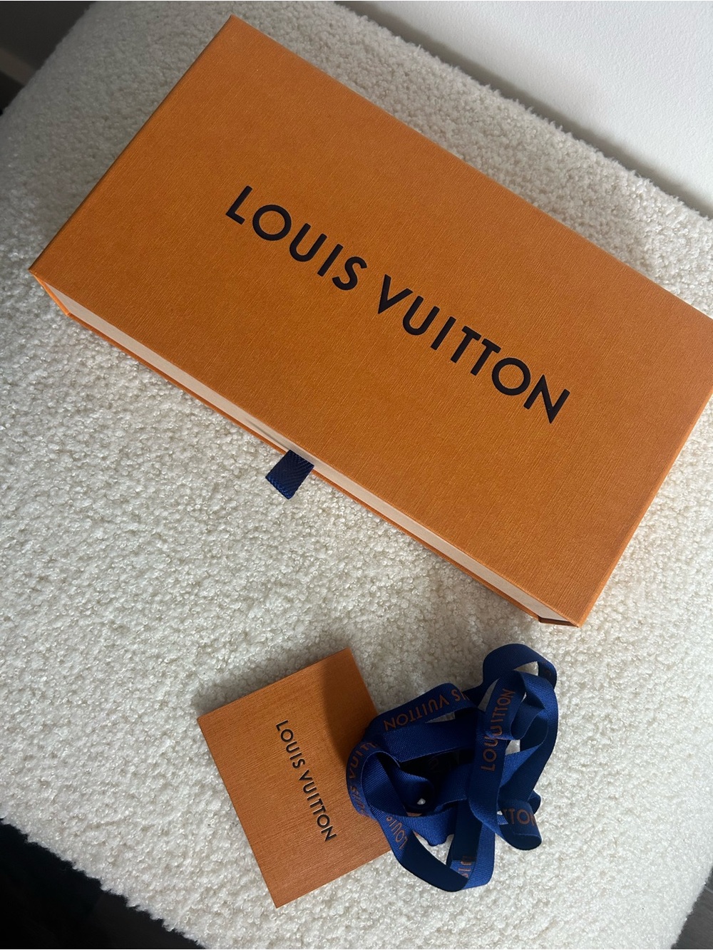 Louis Vuitton Orange Box with Navy Blue Ribbon and Card